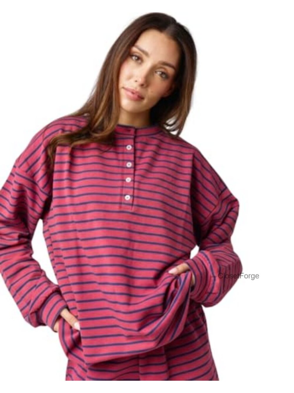 Oversized Women's Cotton Henley Long Sleeve Tee, Striped Button Down Boyfriend